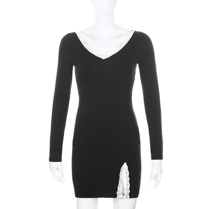 Sixsr Women Winter Dress Women New Arrivals Sexy Long Sleeve Lace Split Black White Solid Party Dresses Vestidos