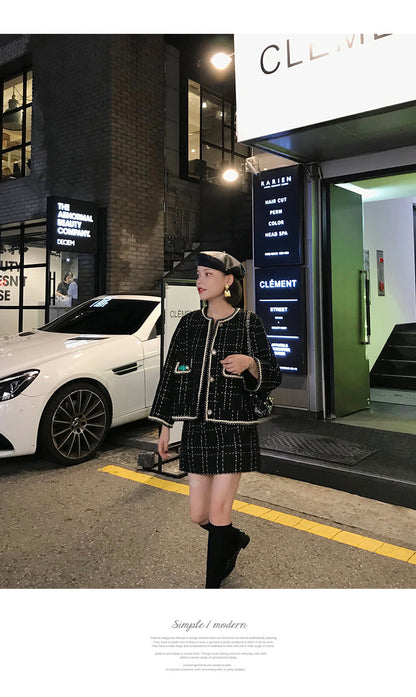 Sixsr European Style Autumn Winter 2 Piece Set Women Short Woolen Tweed Jacket Coat & Bodycon Mini Skirt Set Women Two Piece Outfits