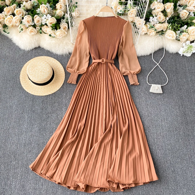 Sixsr Autumn Fashion Streetwear Long Dress Design French Pleated Maxi Dress Women Elegant O Neck Long Sleeve A-line Dress