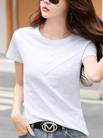 sixsr Short Sleeve Summer Women Ribbed Cotton Tee-Shirts Female Button Loose Casual Fashion T-shirts Blue O-Neck Korea Tops S-3XL