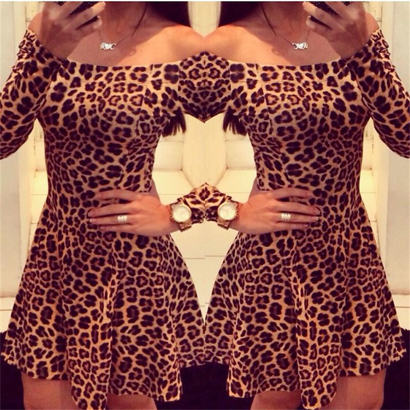 Women Leopard Dresses  Summer Sexy Off Shoulder Bodycon Party Club Dress Leopard Long Sleeve Mini Women Dress Vestido