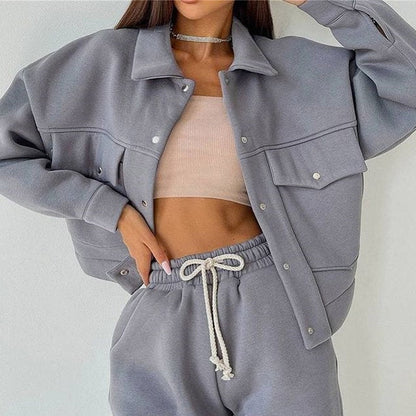 Women Casual Two Piece Sets Autumn Winter Fashion Female Warm Suits Turn-Down Collar Jacket And Drawstring Trouser Tracksuits