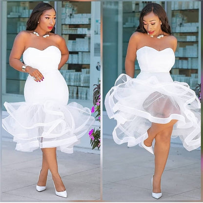 Women White Party Tube Tops Dress Wedding Off Shoulder Sexy Patchwork with Mesh Clubwear Dinner Evening Slim Bodycon Tunic Robes