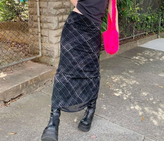 Sixsr Autumn Fairy Grunge Long Tulle Skirts Women Kawaii Plaid Black Skirt Harajuku Low waisted Skirt Korean Fashion