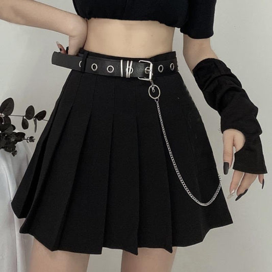 Sixsr Black Pleated Skirt With Chain-Belt Punk Rock Girl Cheerleading Belted Mini Skirt Alt Women e-girl Outfit