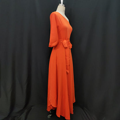 Sixsr Women Dress Bare Shoulder Waist Belt Long A Line Pleated Orange Casual Fashion Female Ladies Elegant New Autumn Summer Robes
