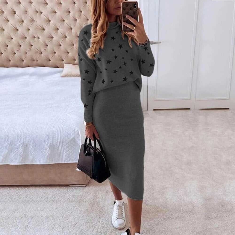 Sixsr Women Skirts 2 Piece Set Autumn Winter Elegant Stars Print Turtleneck Sweatshirts and Slim Skirt Suits Office Lady Outfits