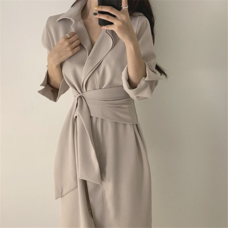 OL Gentle Minimalist Autumn Work Wear Lapel Elegant Lace Up Solid Brief Sexy Chic Loose Dresses Female Vestidos