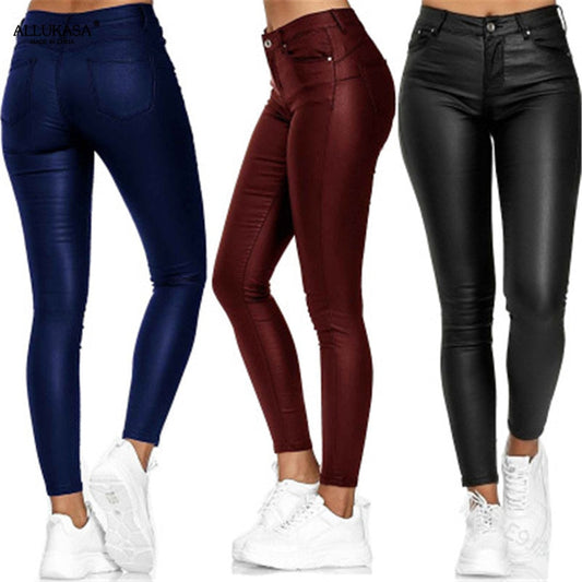 Sixsr Pure Color Leather Casual Pants Small Feet Pants Spring Women Pu Leather Pants Black Sexy Stretch Bodycon Leather Pants High Red