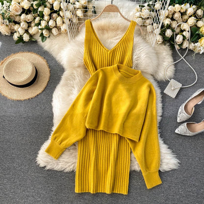 Sixsr New Fashion Autumn Winter Women's Thicken Warm Knitted Pullover Sweater Two-Piece Suits +High Waist dress Set