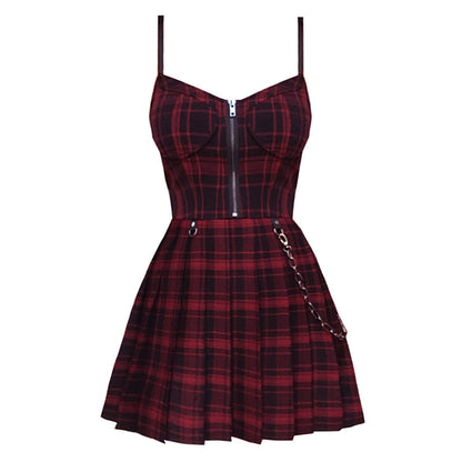 Sixsr Gothic Girls Plaid Pleated Punk Dress Preppy Style Red Black Spaghetti Strap Sexy Sleeveless Mini Short Dresses Goth Streetwear