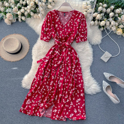 Sixsr beach Red elegant sexy Dress women Summer Autumn V-neck polka dot midi dress waist split dress vestidos de fiesta clothes