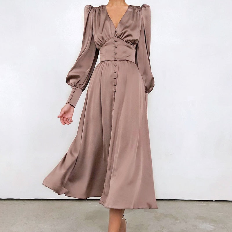 Sixsr Beige Single Breasted Sexy Dress Party Clud High Waist Satin Long Dress Elegant V Neck Women Midi Dresses Lantern Sleeve