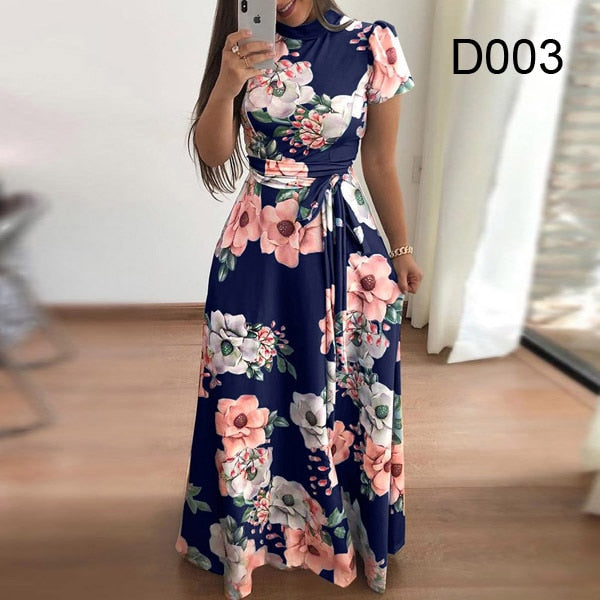 Flower Print Long Sleeve Maxi Dress Spring Autumn Casual Slim Sashes Long Dress Women Elegant Robe Party Dresses Plus Size S-5XL