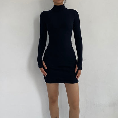 Autumn Fashion Sexy Solid Turtleneck Skinny Mini Dress Women Rib Knit Keep Warm Long Sleeve Slim Dress Streetwear