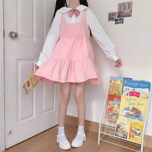 Japan Autumn Kawaii Lolita Two-piece Suit Cosplay Loli Bow Rabbit Ears Shirt Sweet Soft Girl Sleeveless Ruffles Suspender Dress