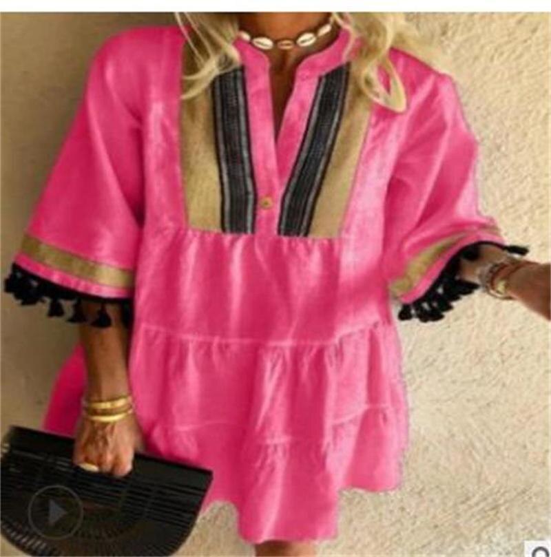 Fashion Tassel Sleeve Women Dress V Neck Lady Patchwork Dress Loose Casual Empire Knee Length Tassel Sleeve Dress