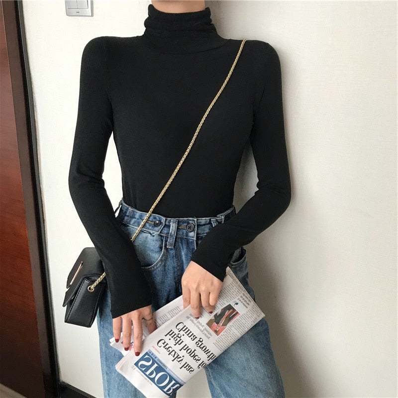 Sixsr harajuku Solid Bottoming t Shirt Women Spring Autumn Tee Shirts Korean Turtleneck Slim Long Sleeve Black White T-shirts 90s tops