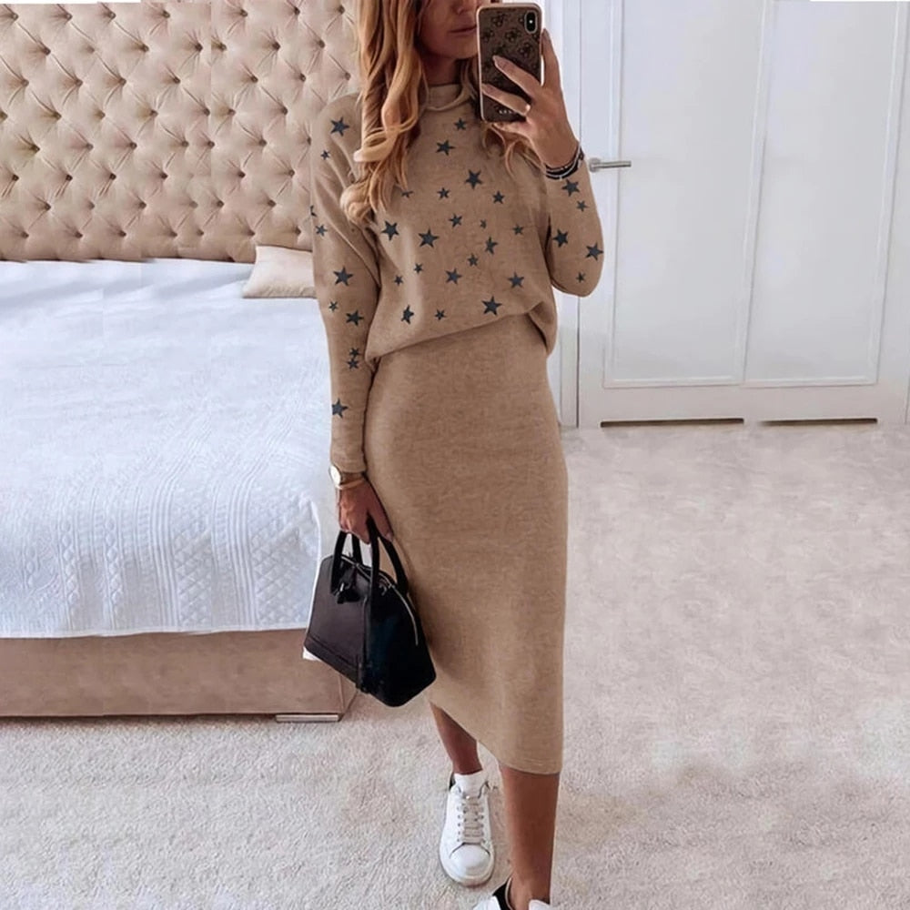 Sixsr Women Skirts 2 Piece Set Autumn Winter Elegant Stars Print Turtleneck Sweatshirts and Slim Skirt Suits Office Lady Outfits