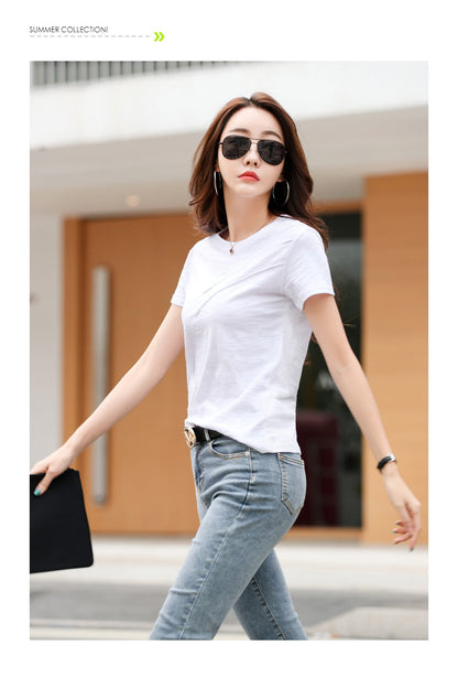 sixsr Short Sleeve Summer Women Ribbed Cotton Tee-Shirts Female Button Loose Casual Fashion T-shirts Blue O-Neck Korea Tops S-3XL