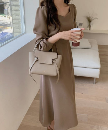 Sixsr Chic Korean Fashion Women Temperament Office Lady Elegant Work Basic Wear Solid Vintage Long Dress Fenimine Vestidos N502