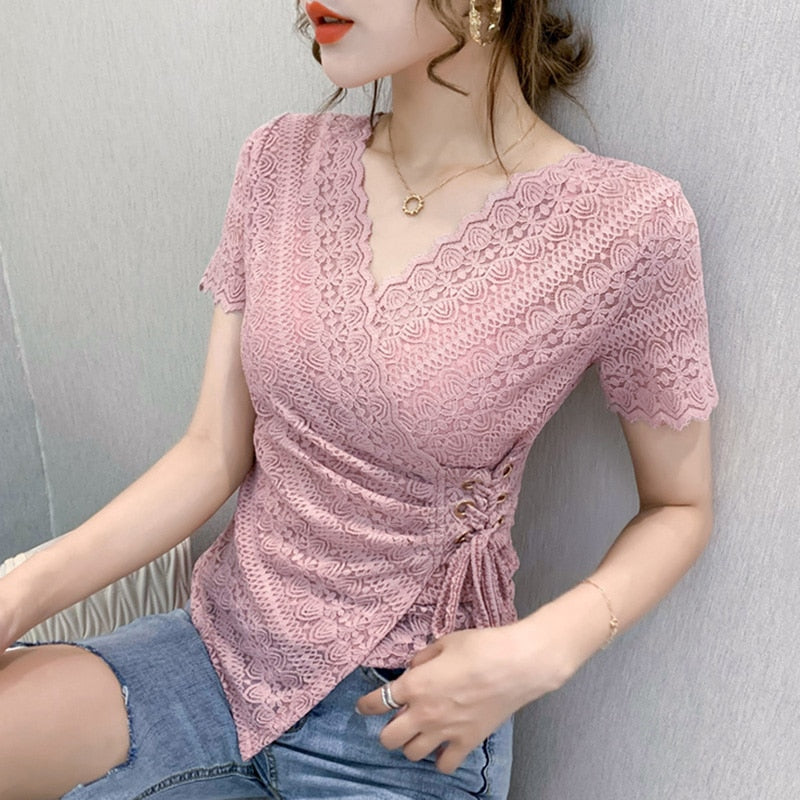 sixsr 5XL Women lace tops New Arrivals  Summer short sleeve v-neck women blouse shirt Sexy Hollow out lace tops plus size blusas