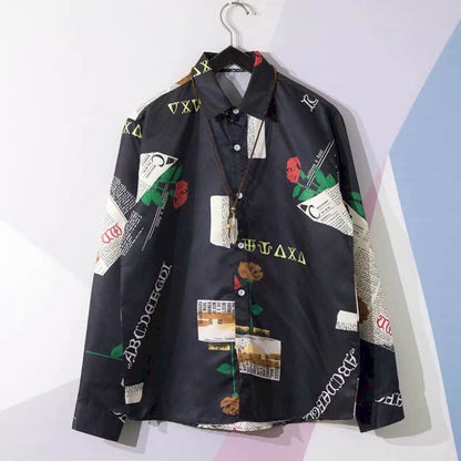 Newspaper shirt Korean trend men's shirt long-sleeved loose couple lovers shirt student all-match shirt 2024 fashion streetwear