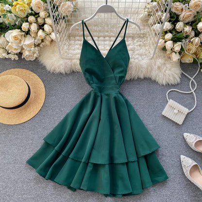 Sixsr Summer Spring Beach Holiday V-Neck Backless Lace Up Ruffles Cakes Solid Elegant Women Lady A-line High Waist Dress