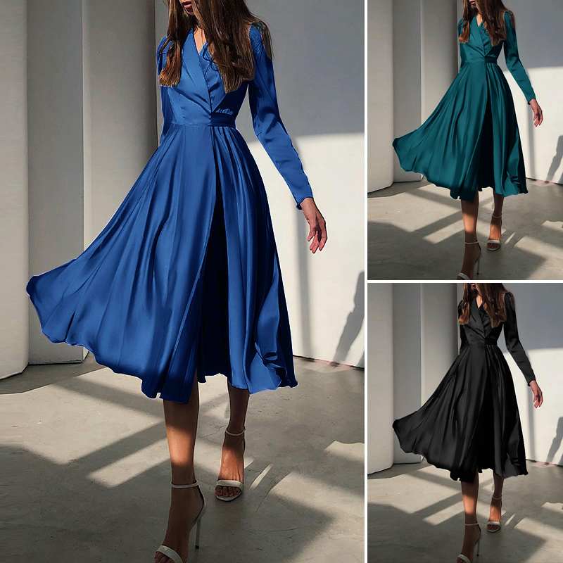 Sixsr Fashion Satin Party Dress Women Elegant Suit Collar Solid Midi Dresses Autumn Bandage Waisted Pleated Swing Vestidos（out of stock）