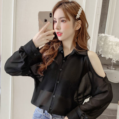 Beading Women's Elegant Blouse Office Outfits Feminine Shirts Off The Shoulder Long Sleeve Top Korean Fashion Designer New