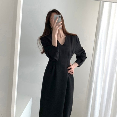 Sixsr Spring Autumn Women Solid Black Elegant Office Lady V Neck Fashion Long Korea Chic Dress