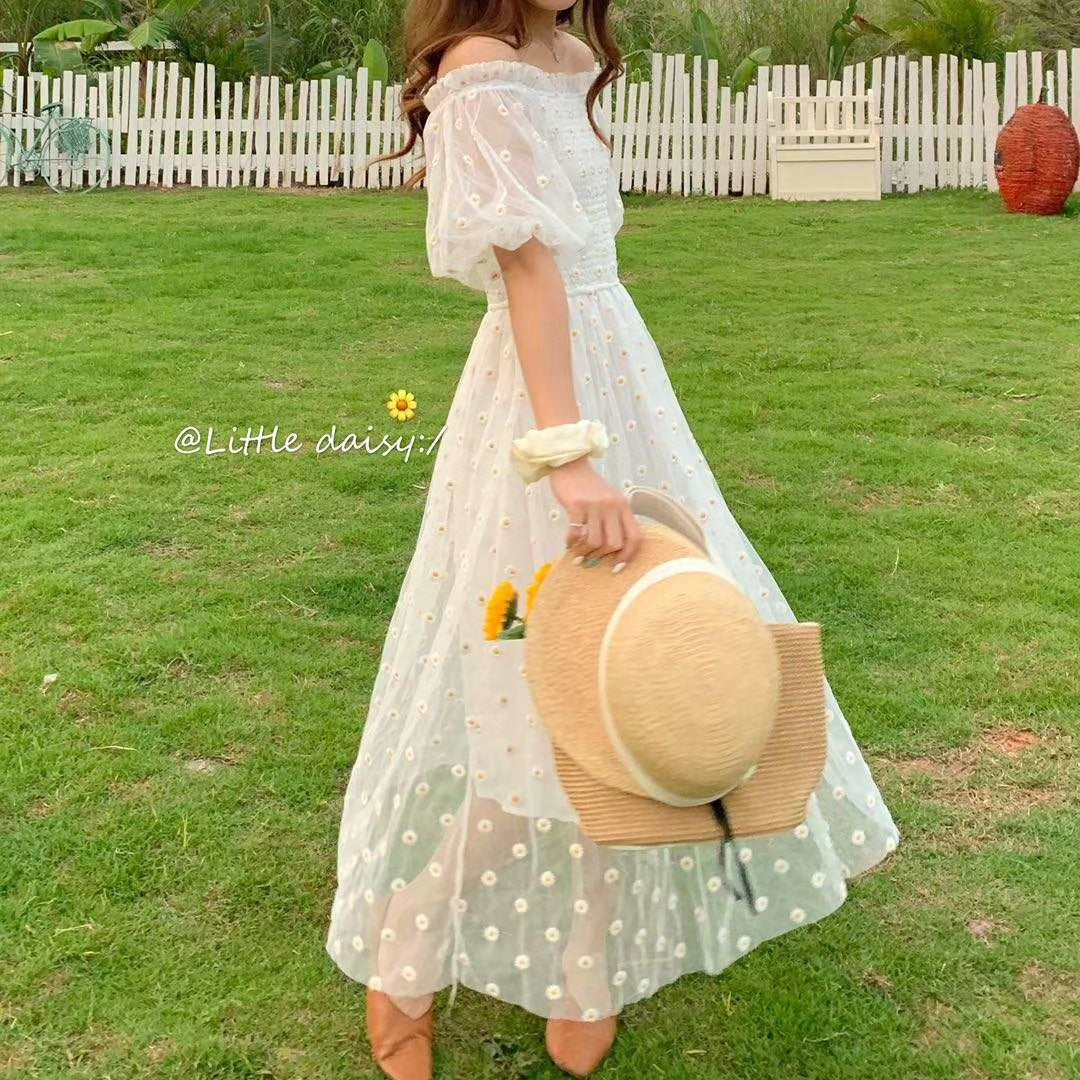 Sixsr Embroidered Off-Shoulder Dresses Fairy Chic Gentle Dress Female New Style Sweet Daisy Printed Mesh Long Floral Dress Female