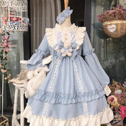 Sixsr Japanese Gothic Lolita Dress Women Kawaii Bow Bear Lace Blue Dress Long Sleeve Princess Dress Halloween Costume Gift For Girls