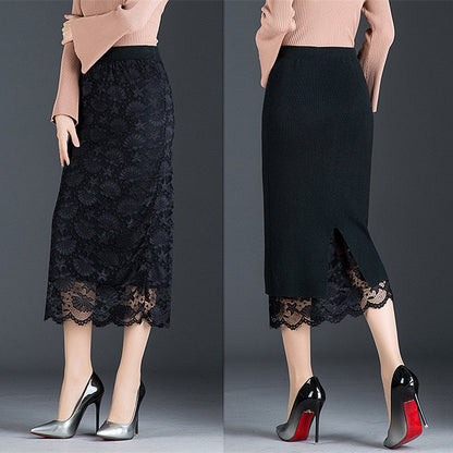Sixsr Autumn and winter skirt long section jupe femme two sides wearing lace midi skirt split bag hip skirt wool winter skirt