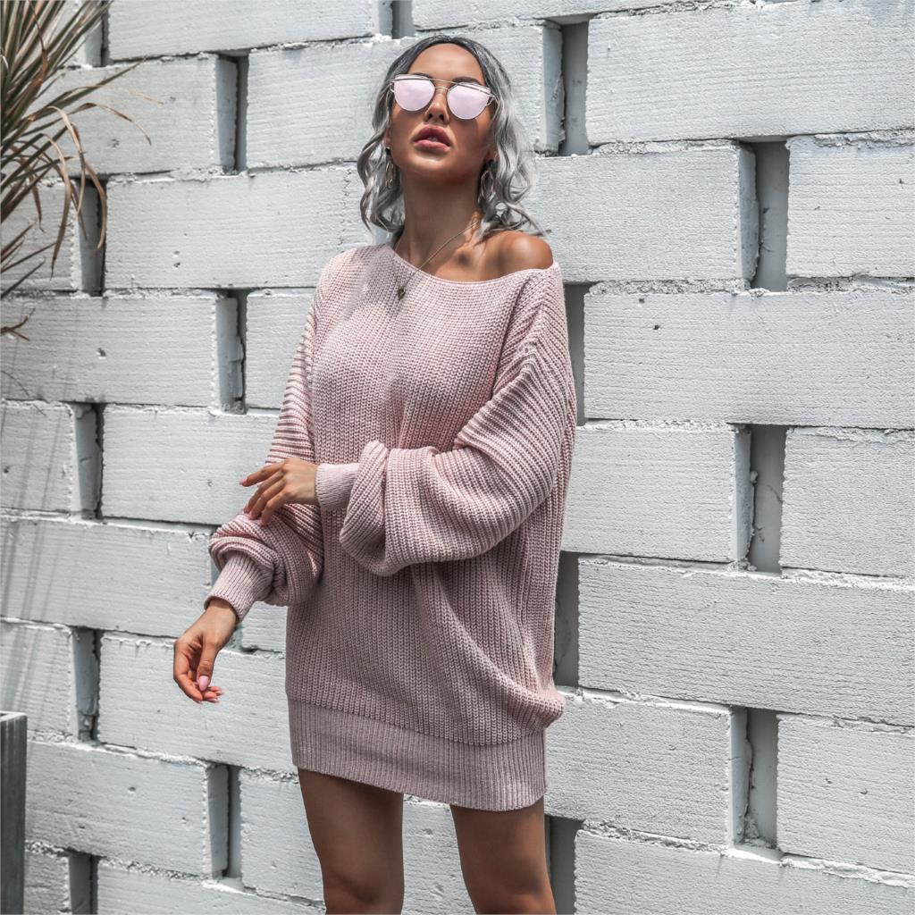 Sixsr The hottest ladies casual off-shoulder lantern sleeve knitted sweater dress