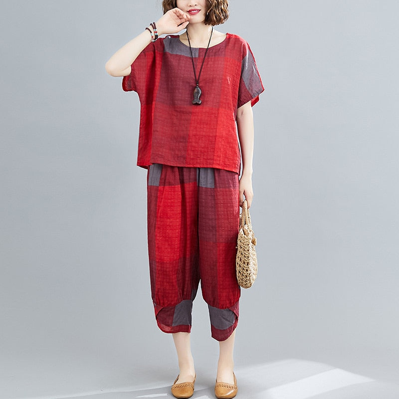 Thin Soft Cotton Linen Loose Women Clothes Set Tops Harem Pants Two Piece Casual Set Vintage Plaid Lady Summer Fashion Set Suits