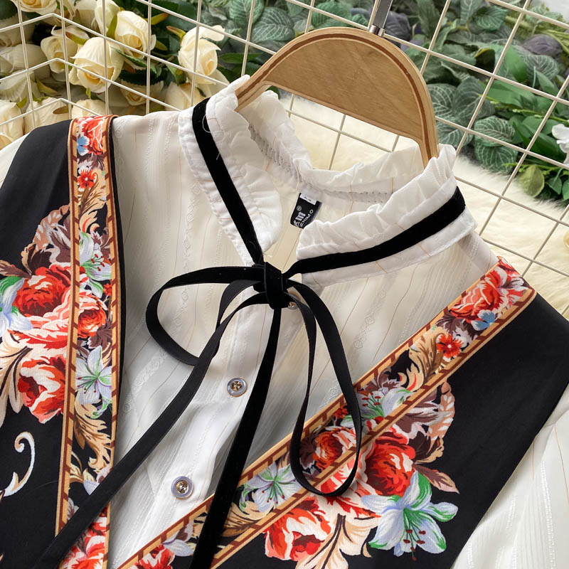 Sixsr Spring Autumn Elegant 2 Piece Set Overalls Dress Women Bow Collar White Shirt Top+ Irregular Flower Print V-Neck Vest Dress