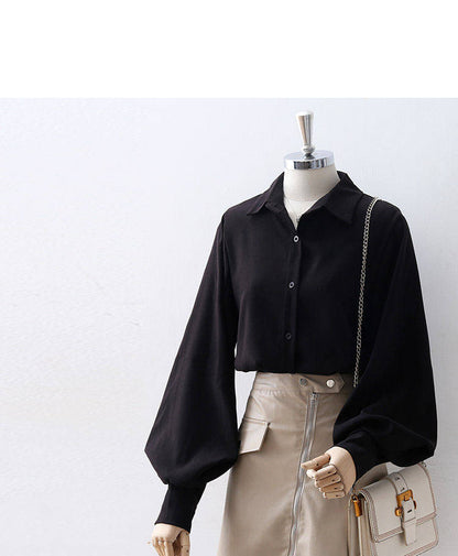 Sixsr Lantern Sleeves Vintage Shirts Women Elegant White Womens Blouse with Lush Sleeves  Fashion Button Up Shirt Black