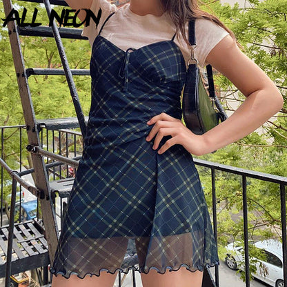 Sixsr E-Girl 90s Spaghetti Strap Bandage Front Ruffles Plaid Dresses Vintage Mesh V-neck Backless A-line Mini Dress Partywear