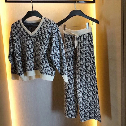 Sixsr New Fall Female Knitwear Long Sleeve 2 Piece Sets Letter Spliced Suit V-Neck Sweater Pullover Tracksuit Wide Leg Pants Sweatsuit
