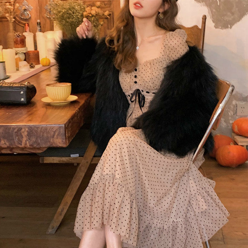 Sixsr French Vintage Midi Dress Women Puffer Sleeve Square Collor Office Elegant Dress Female Spring Dot One Piece Dress Korean