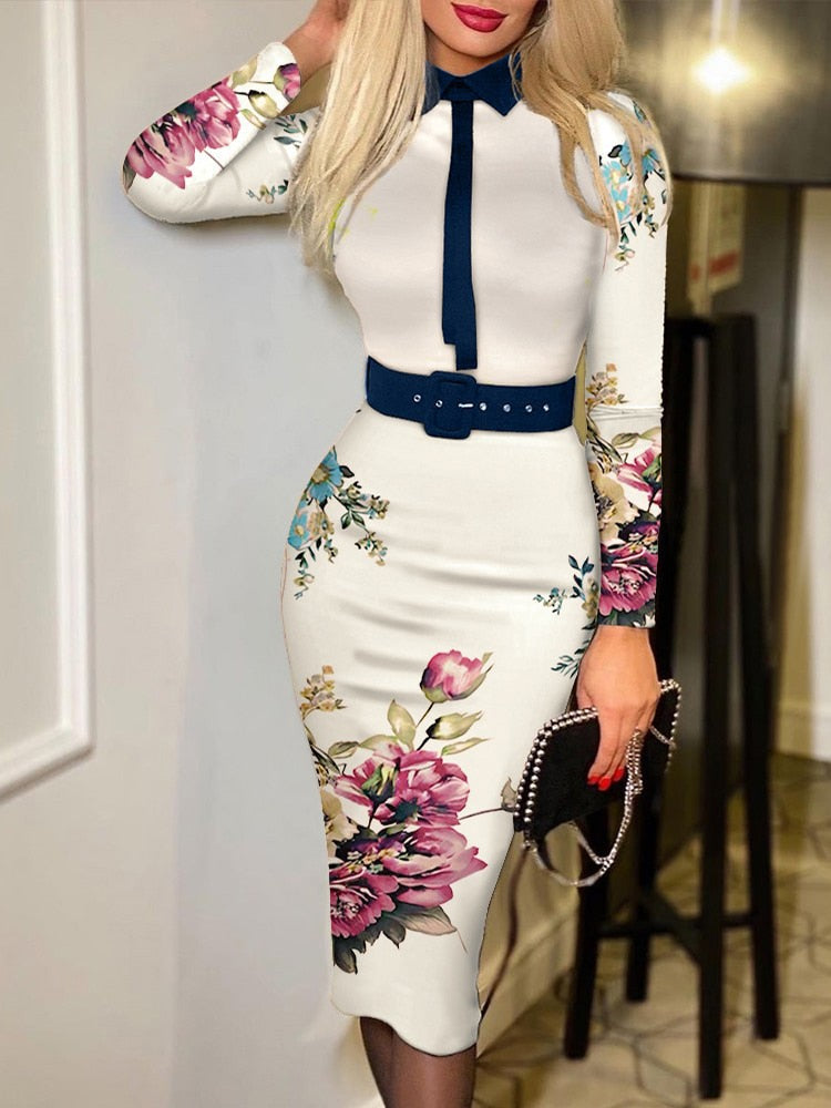 Sixsr Dresses For Women Long Sleeve Floral Print Tie Front Work Dress With Belt Midi Vestidos De Mujer Casual