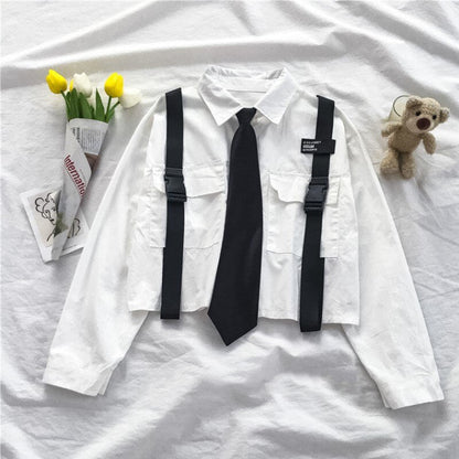 sixsr Spring Outfits  Trends Harajuku Women Shirts And Blouses Feminine Tie Pocket Top Casual White Turn-down Collar OL Style Female Blouses Streetwear