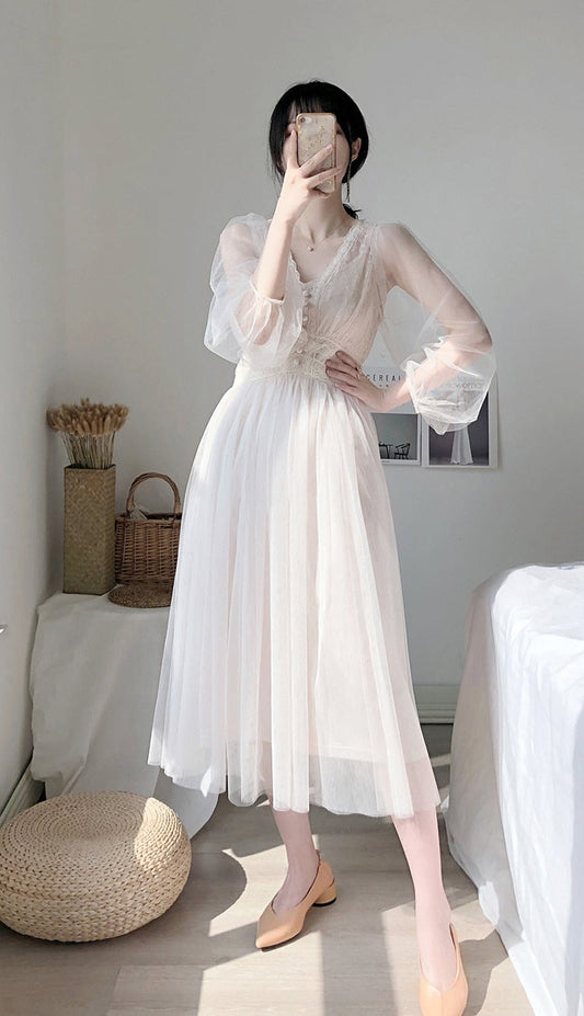 White Dress Elegant Fairy Chiffon Off Shoulder Dress Maxi Long Sleeve Sexy Beach Dresses Women Boho Autumn Clothes Vintage