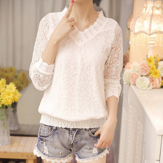 Sixsr New Arrived Autumn Women Blouse Long Sleeve V Collar Lace Shirt Woman Sweet Temperament Trim Slim Fit Bottom Shirt 1066 40