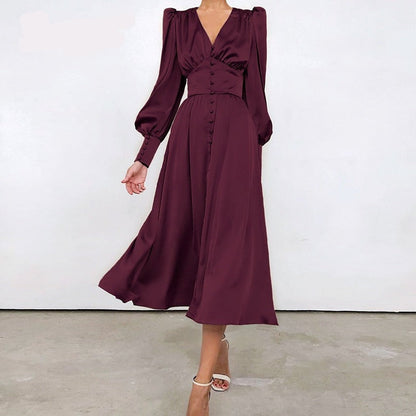 Sixsr Elegant spring satin bishop sleeve a-line dress women V-neck high waist button dress solid Vintage long dresses chic