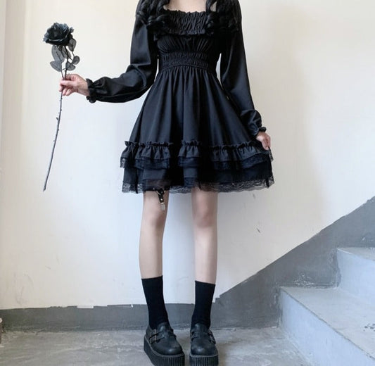 Sixsr Japanese Lolita Style Women Princess Black Mini Dress Slash Neck High Waist Gothic Dress Puff Sleeve Lace Ruffles Party Dresses