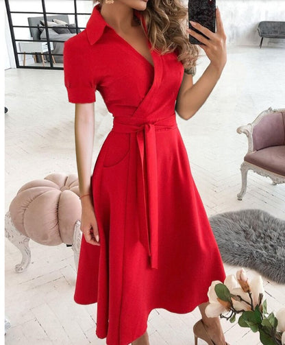 Sixsr Spring and Summer Fashion New Party Dress Short-sleeved V-neck Retro Dress with Printed Belt