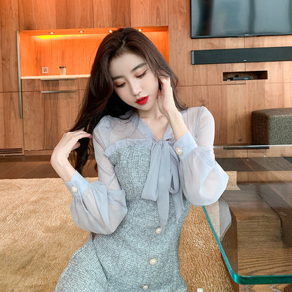 Sixsr New Spring Vintage Sexy See-through Chiffon Patchwork Tweed Mini Dress Women Ribbon Bow Single-breasted Long Sleeve Party Dress