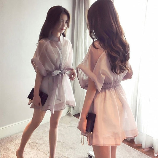 sixsr Summer Outfits  Summer Two-piece Set Mini Dress Women Korean Short Sleeve Stand Organza Belt Single-breasted T-shirt Dresses + Cotton Base Shirt